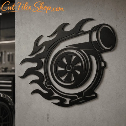 Black turbocharger metal wall art displayed in a modern garage
