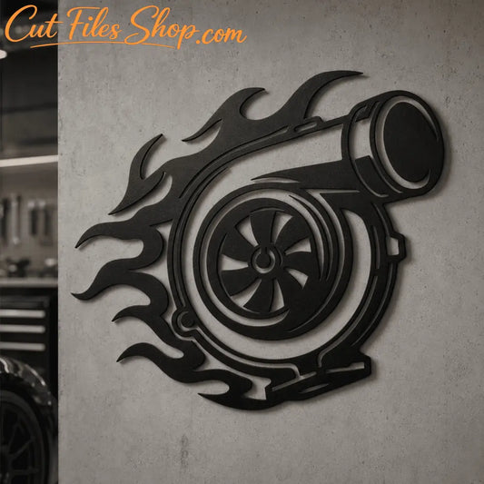 Black turbocharger metal wall art displayed in a modern garage