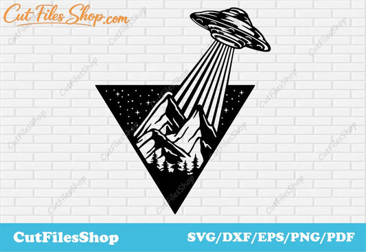 Ufo and mountains vector image for t shirt, Alien ufo svg for cricut, mountains dxf for plasma, commercial use dxf files, monogram dxf, Alien svg, laser engraver files, funny t shirt designs, cnc laser cutting, cnc for wood, dxf for metal, vector graphics for website