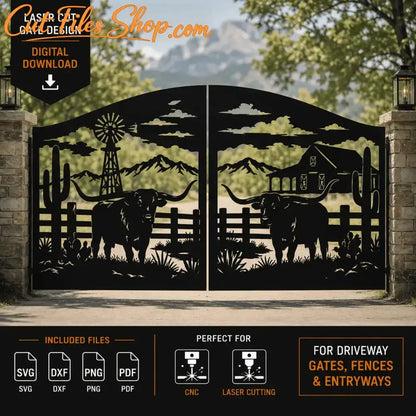 Western ranch metal gate with cattle and windmill.