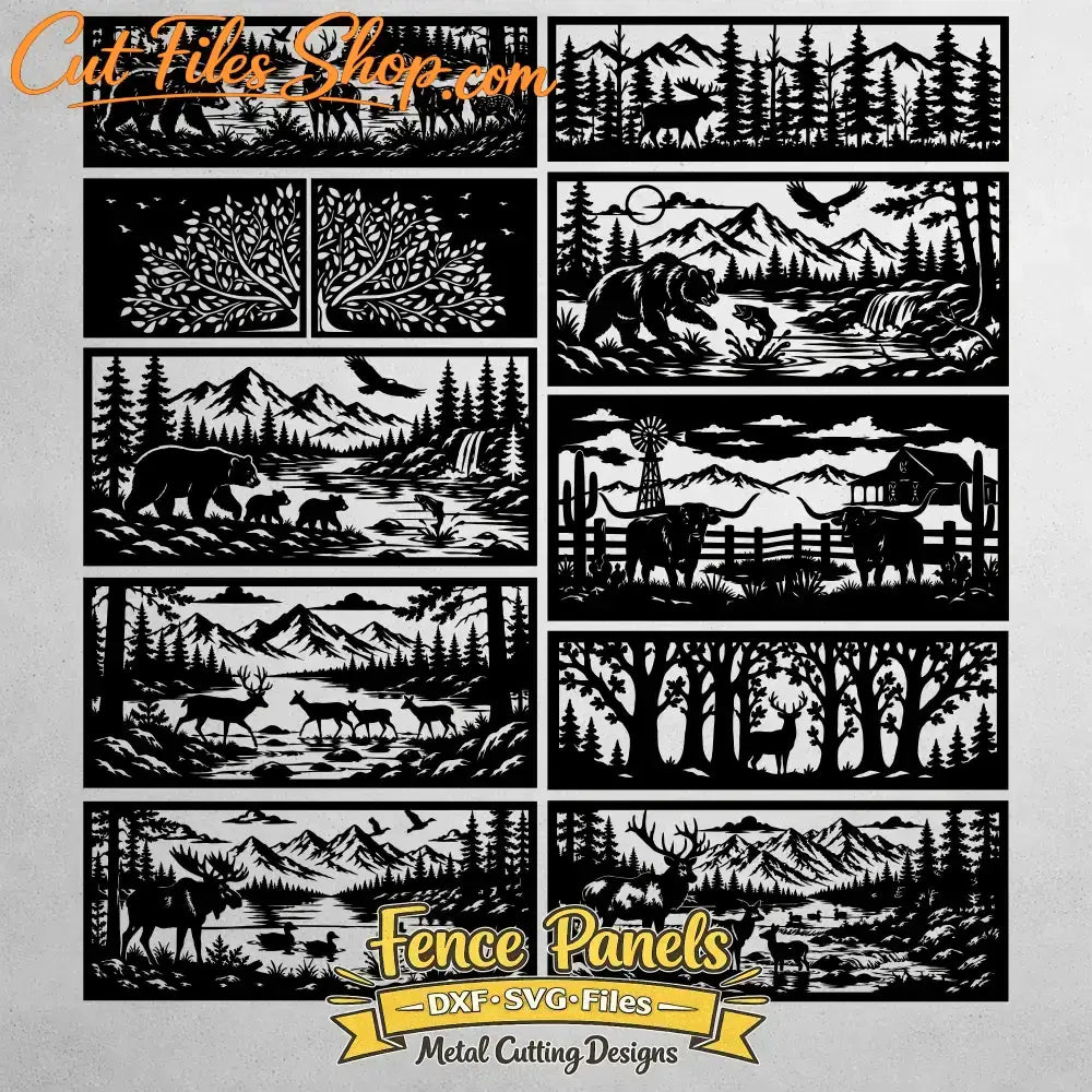 Wildlife decorative fence panel with deer moose and mountain landscape SVG DXF for CNC laser cutting