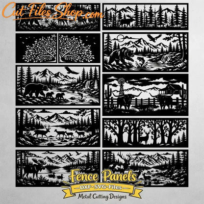 Wildlife decorative fence panel with deer moose and mountain landscape SVG DXF for CNC laser cutting