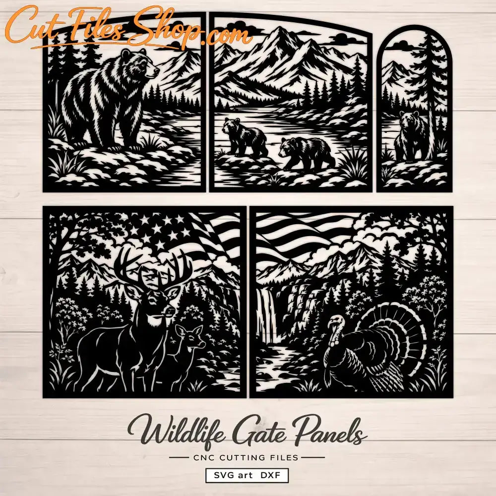 Wildlife SVG DXF gate files with bears, deer, turkey and American mountain scenery