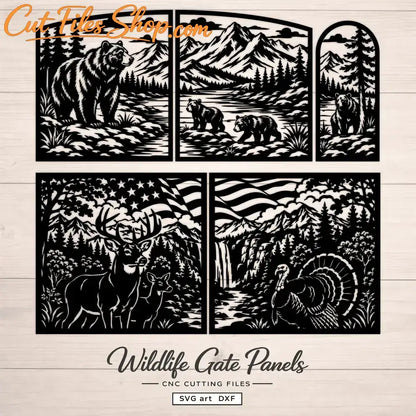 Wildlife SVG DXF gate files with bears, deer, turkey and American mountain scenery