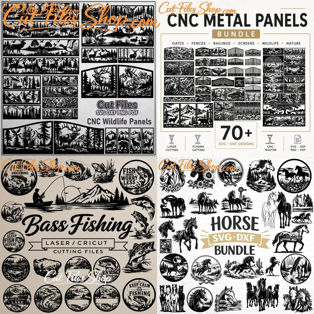 Ultimate CNC SVG DXF mega bundle featuring wildlife, horse, fishing, gate, fence and decorative metal panel cutting files

