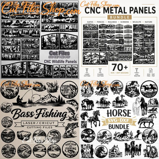Ultimate CNC SVG DXF mega bundle featuring wildlife, horse, fishing, gate, fence and decorative metal panel cutting files
