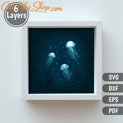 Marine life 3D shadow box with jellyfish and underwater waves