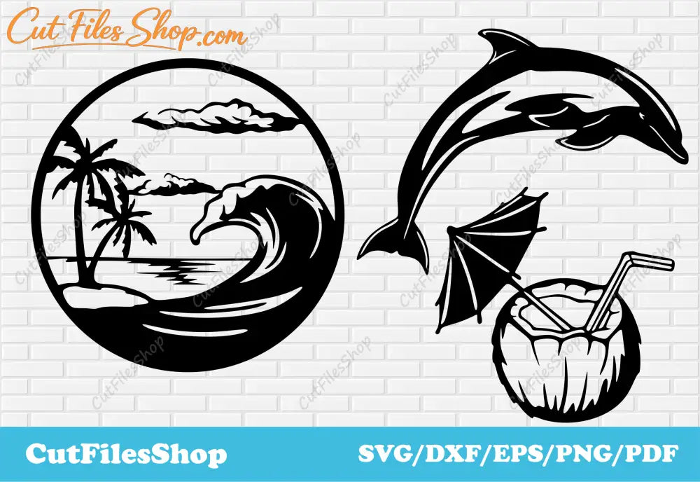 Vector images, wave svg, dolphin svg, cocktail svg, cnc plasma files, cricut vector images, palm svg, dxf images, scenery dxf files, home decor dxf