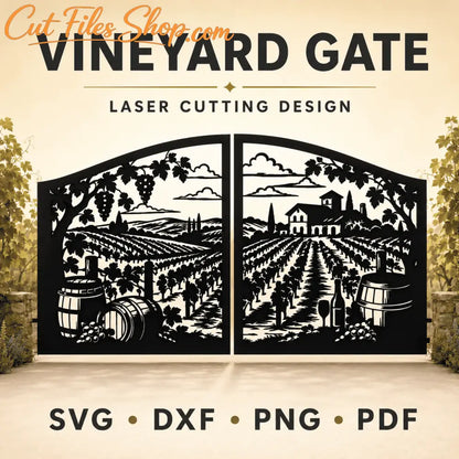 Vineyard gate SVG and DXF laser cutting design with grapevines and winery