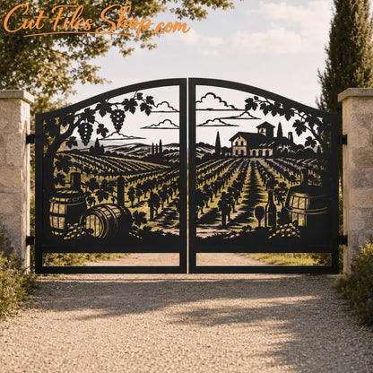 Decorative double-swing vineyard gate displayed between stone pillars