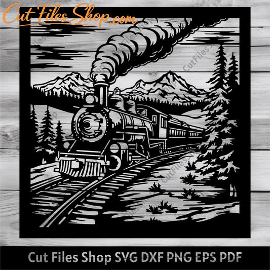 Vintage train Dxf, Vintage train scene Svg for Cricut, Panel Dxf for Laser, cut, Silhouette cut files, Dxf for Plasma cut, mountains scene svg, forest scene dxf for laser, landscape panels dxf