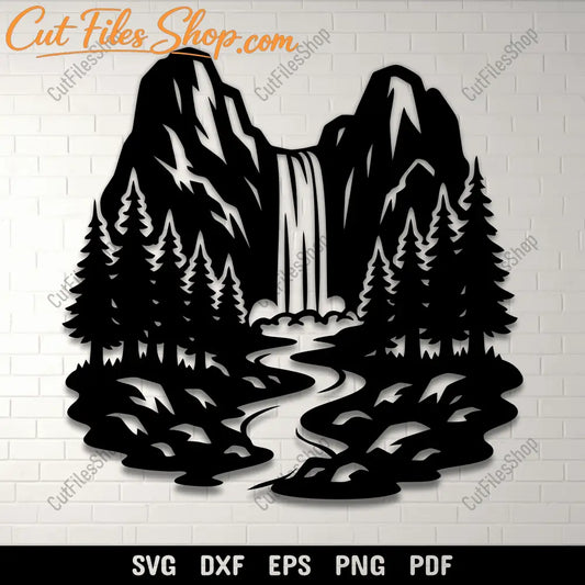 Waterfall mountain landscape SVG DXF PNG for CNC