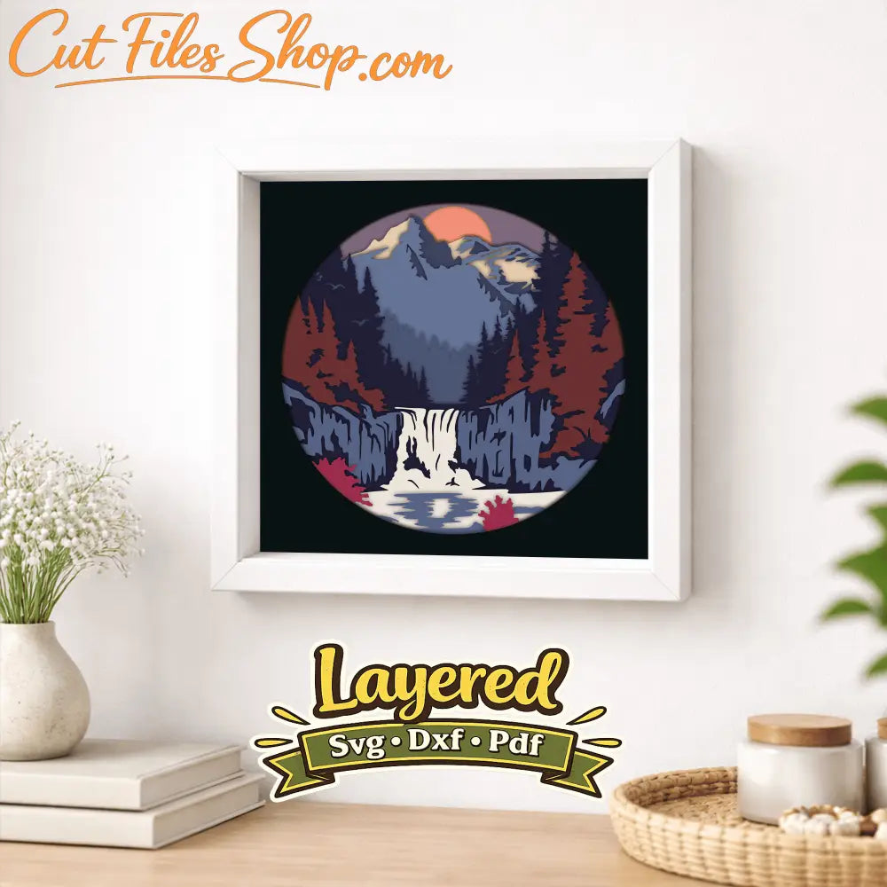 waterfall mountain layered svg shadow box design