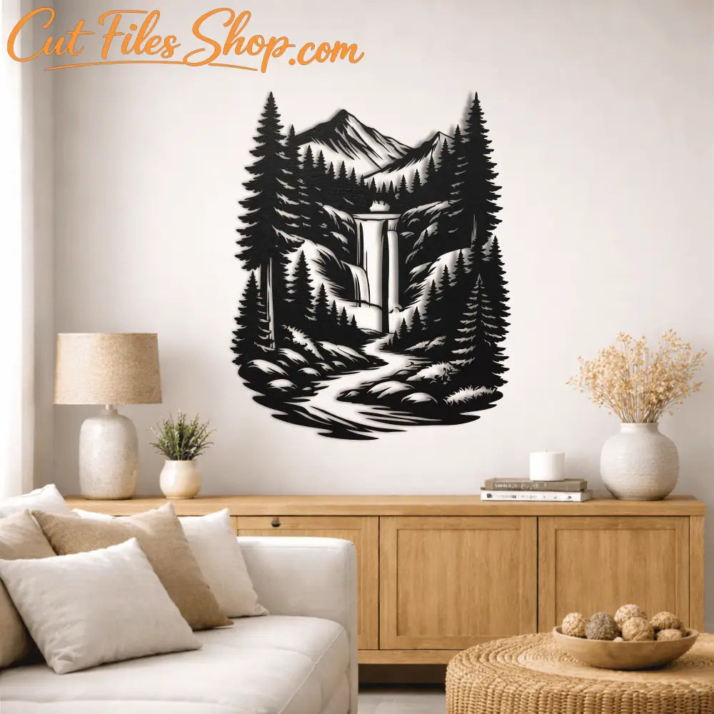Cabin decor SVG with waterfall landscape
