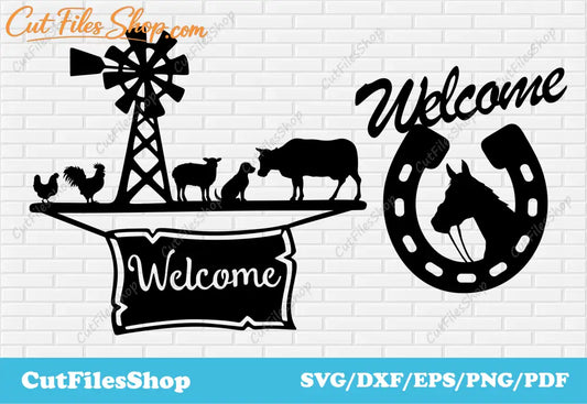welcome farm animals dxf files, cnc dxf, metal sign welcome dxf, farm scene dxf, sign dxf files, cutting signs dxf files, welcome svg files
