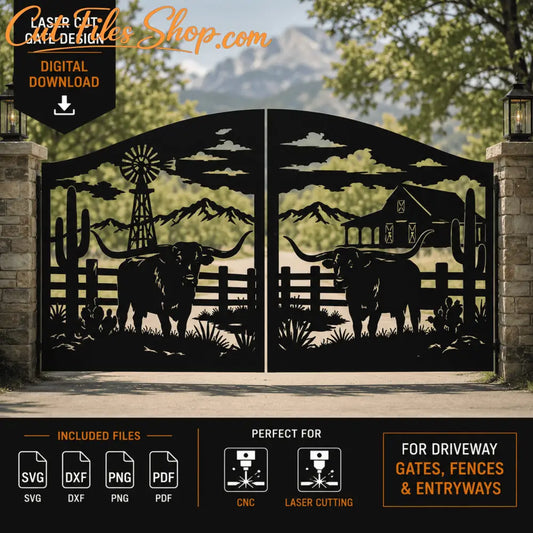 Western ranch metal gate with cattle and windmill.