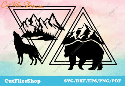 Wild Animals dxf for Laser cutting, geometric animals dxf, wildlife dxf cnc files for cutting, bear dxf files, wolf dxf, wall decor dxf for plasma cutting, vinyl cut, water jet cut files, mountains dxf for cut