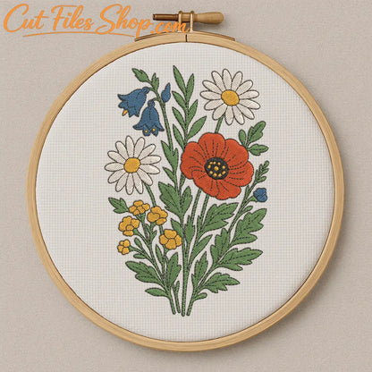 Botanical embroidery pattern of wildflowers