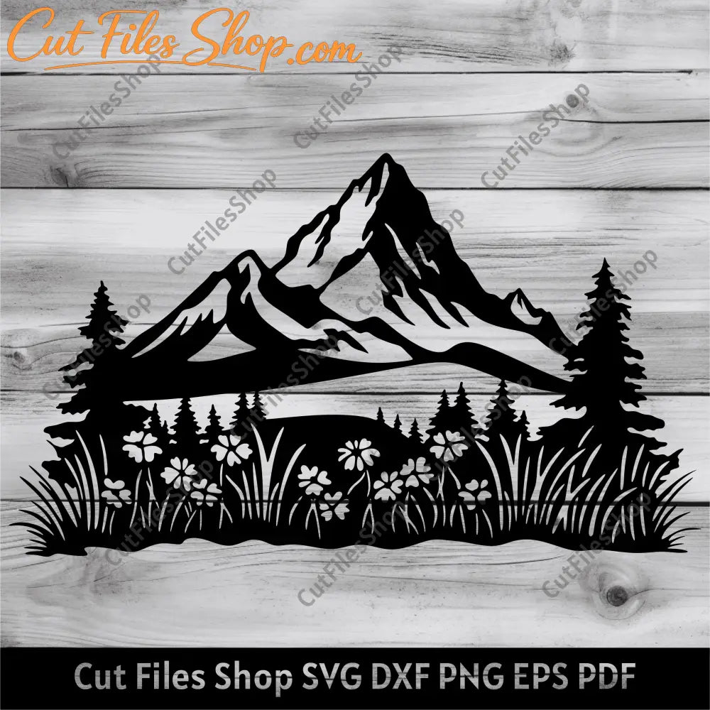 Wildflowers scene svg, Nature dxf for Laser cut, Mountains svg for cricut, Plasma cut files, Pdf for cut by hand, pine forest svg, mountains dxf for plasma cut, svg for dtf, eps for dtf, svg for corel draw, cut files shop, flowers svg, dxf for plywood cutting