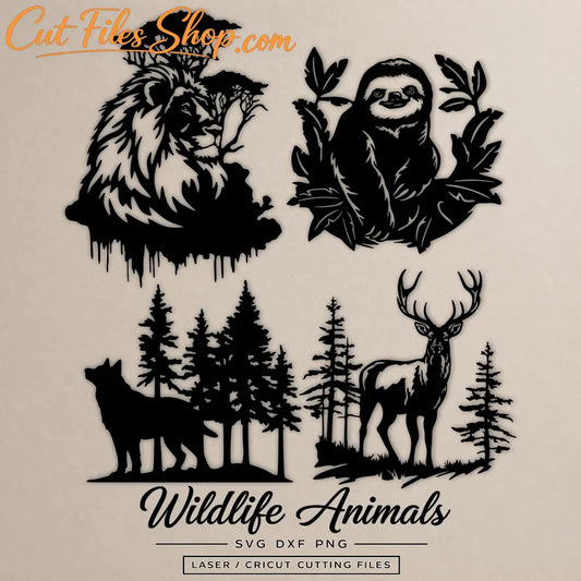 Wildlife animal SVG set lion sloth wolf deer