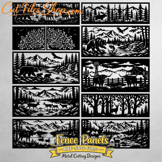 Wildlife decorative fence panel with deer moose and mountain landscape SVG DXF for CNC laser cutting