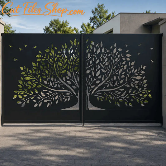 Tree railing panel for metal gate privacy screen and laser cut projects