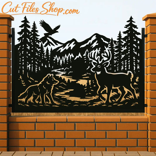 Railing Wolf and Deer landscape silhouette SVG for CNC laser cutting