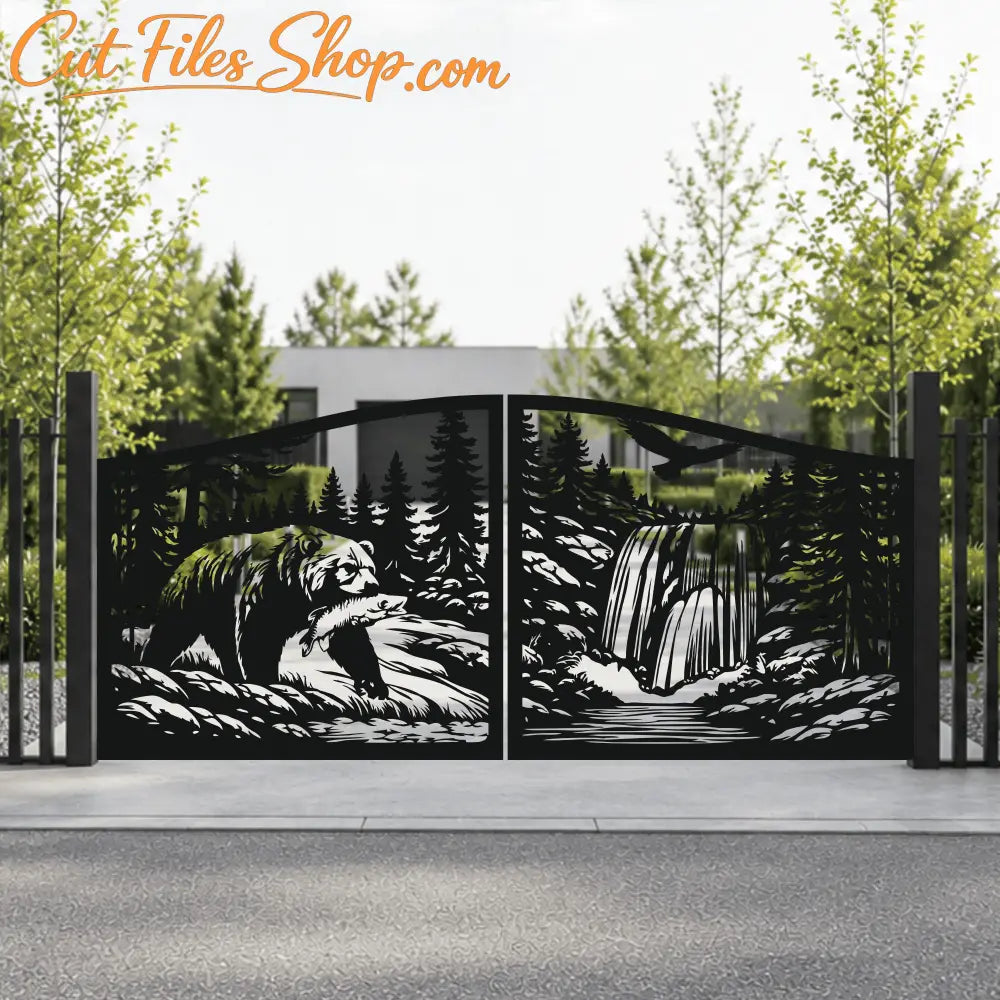 Waterfall and fishing bear gate dxf svg design