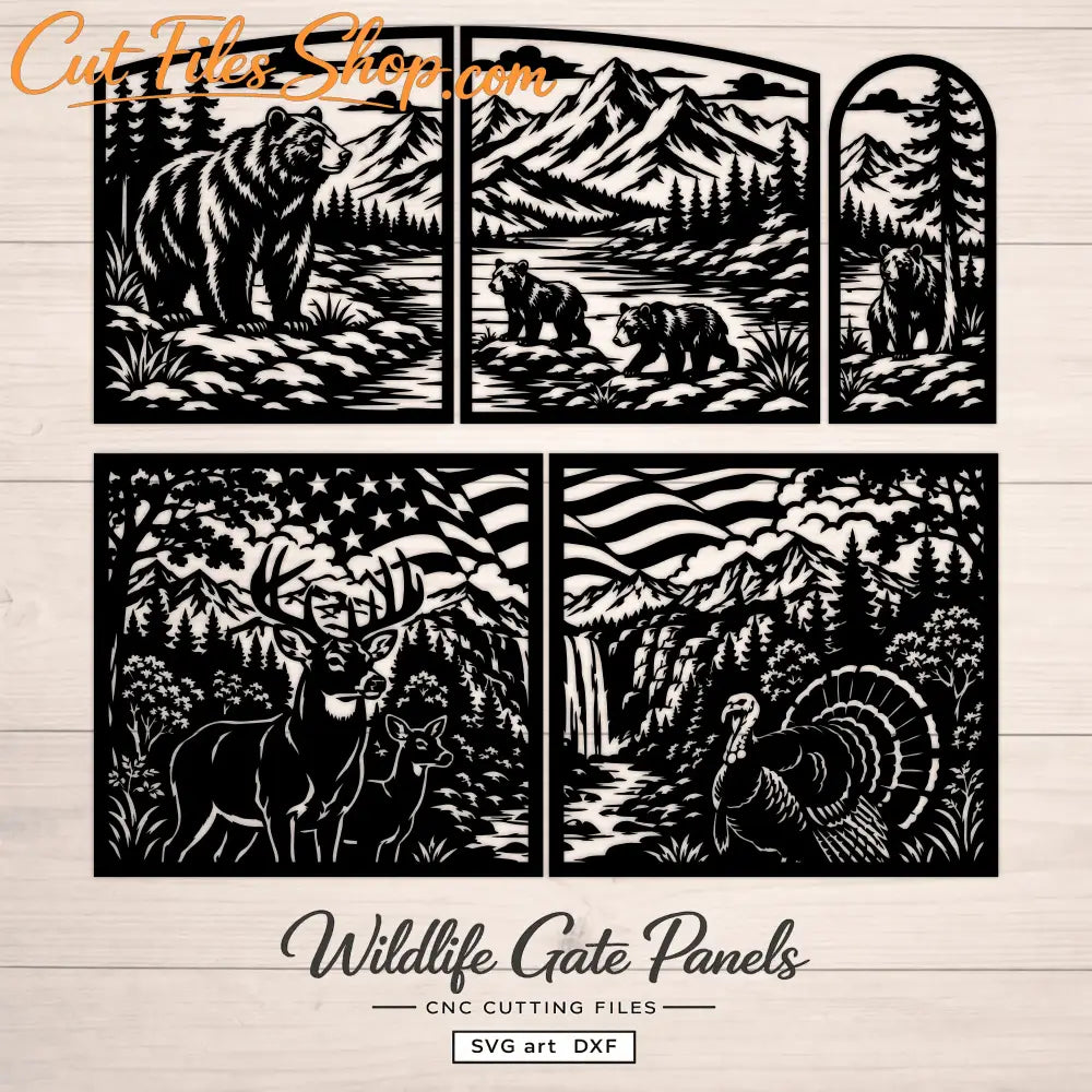 Wildlife SVG DXF gate files with bears, deer, turkey and American mountain scenery