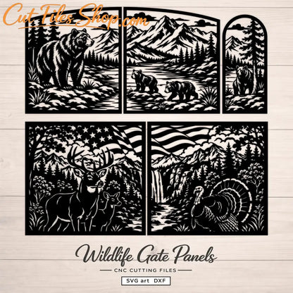 Wildlife SVG DXF gate files with bears, deer, turkey and American mountain scenery