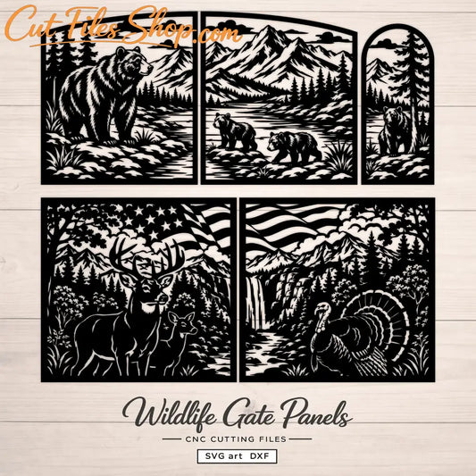 Wildlife SVG DXF gate files with bears, deer, turkey and American mountain scenery