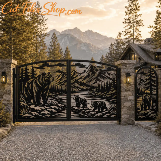 Bear family double metal gate and matching pedestrian gate CNC design