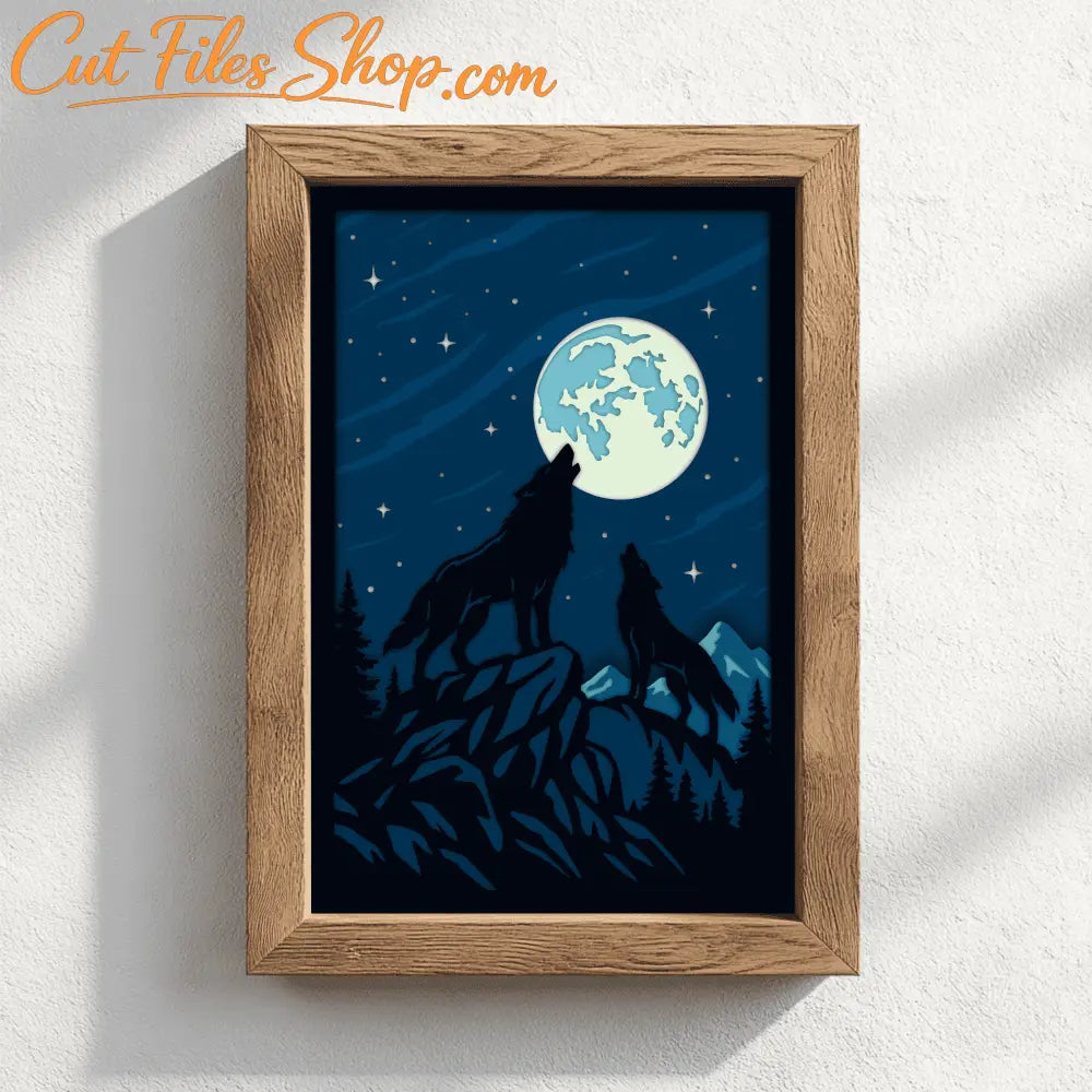 Layered wolves and moon SVG DXF EPS PDF nature papercraft design