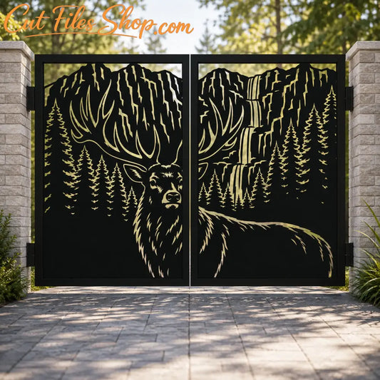 Elk deer wildlife gate DXF SVG design with mountain, waterfall and pine forest for CNC plasma and laser cutting.