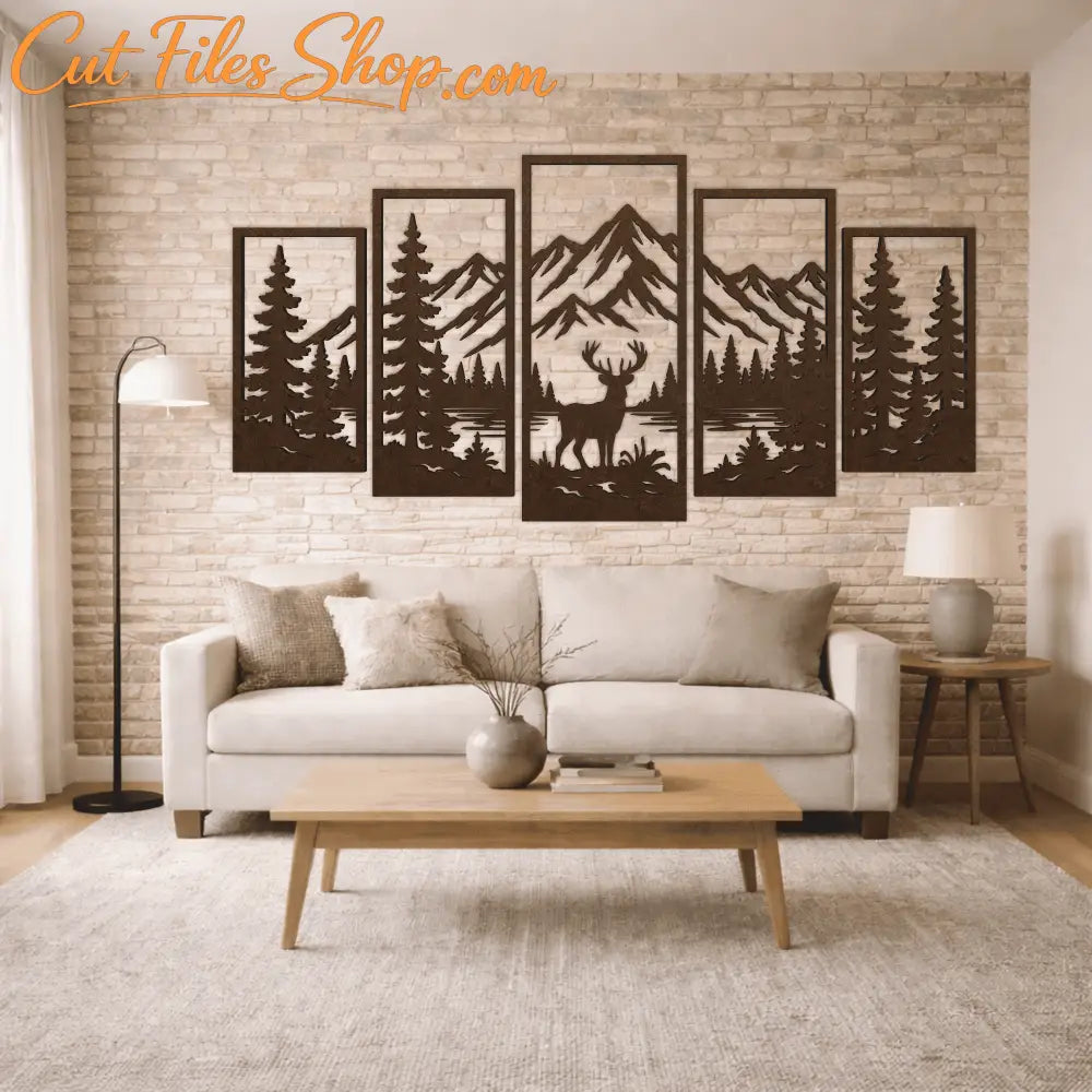 Five panel deer mountain wall art digital files for CNC plasma and laser cutting.