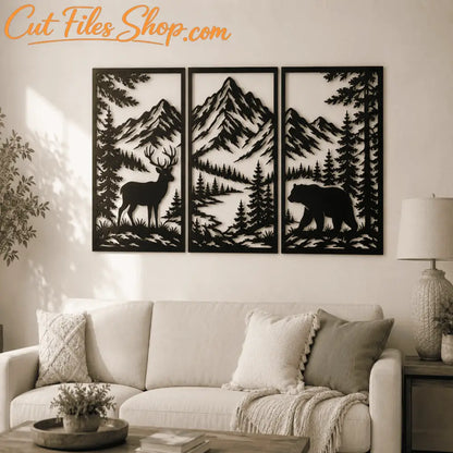 Bear mountain landscape SVG DXF for metal wall décor projects.