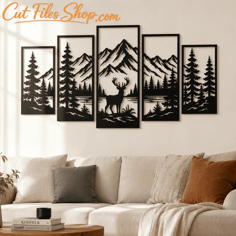 Wildlife mountain wall art SVG bundle with deer and bear laser cut designs.