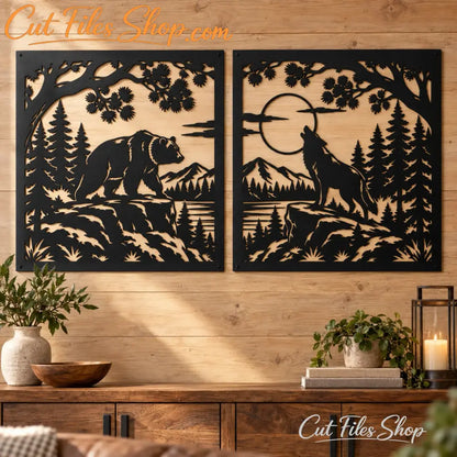 Bear and wolf wildlife panels displayed as black laser-cut metal wall décor.