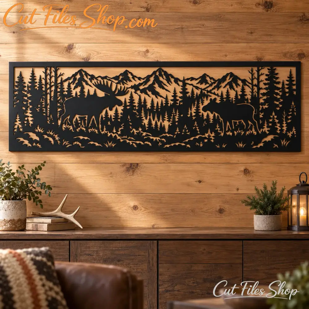 Moose metal wall panel with mountains and pine trees for CNC laser and plasma cutting.