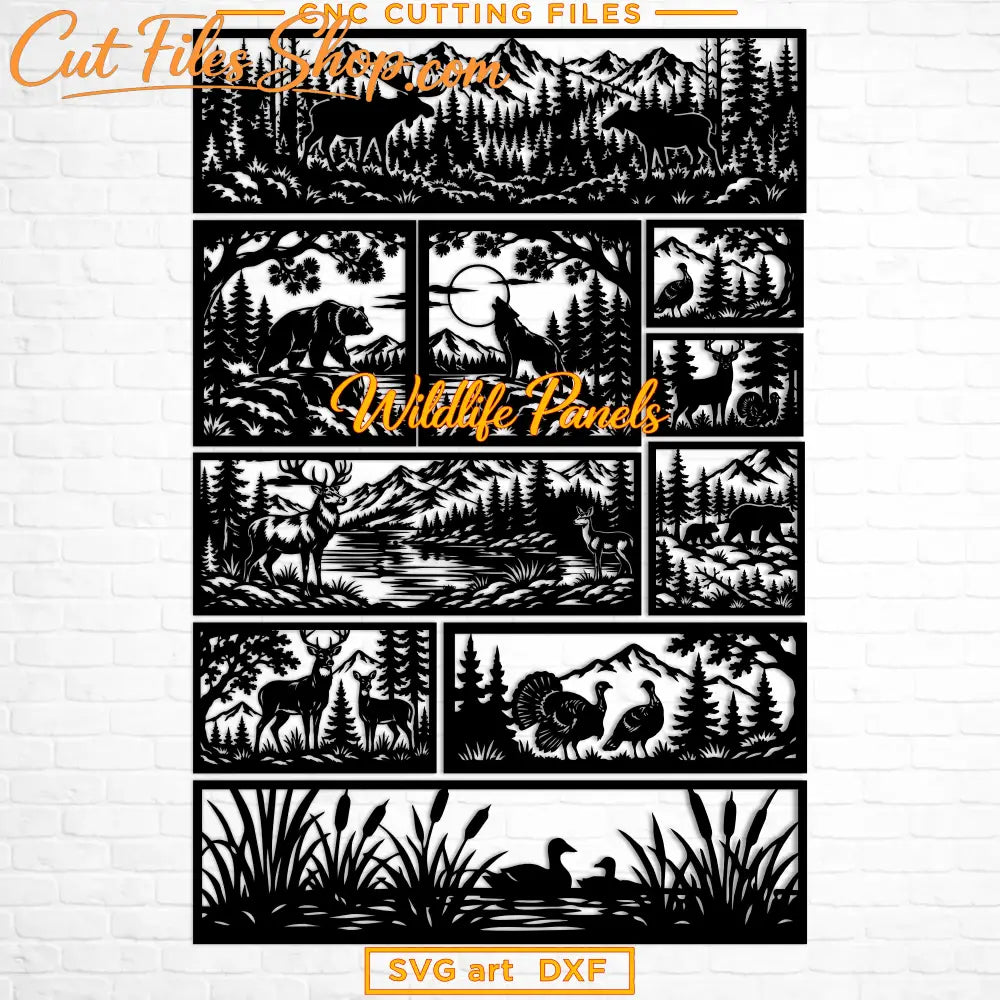 Wildlife panels SVG DXF bundle featuring deer, bears, wolves, moose and forest landscapes.