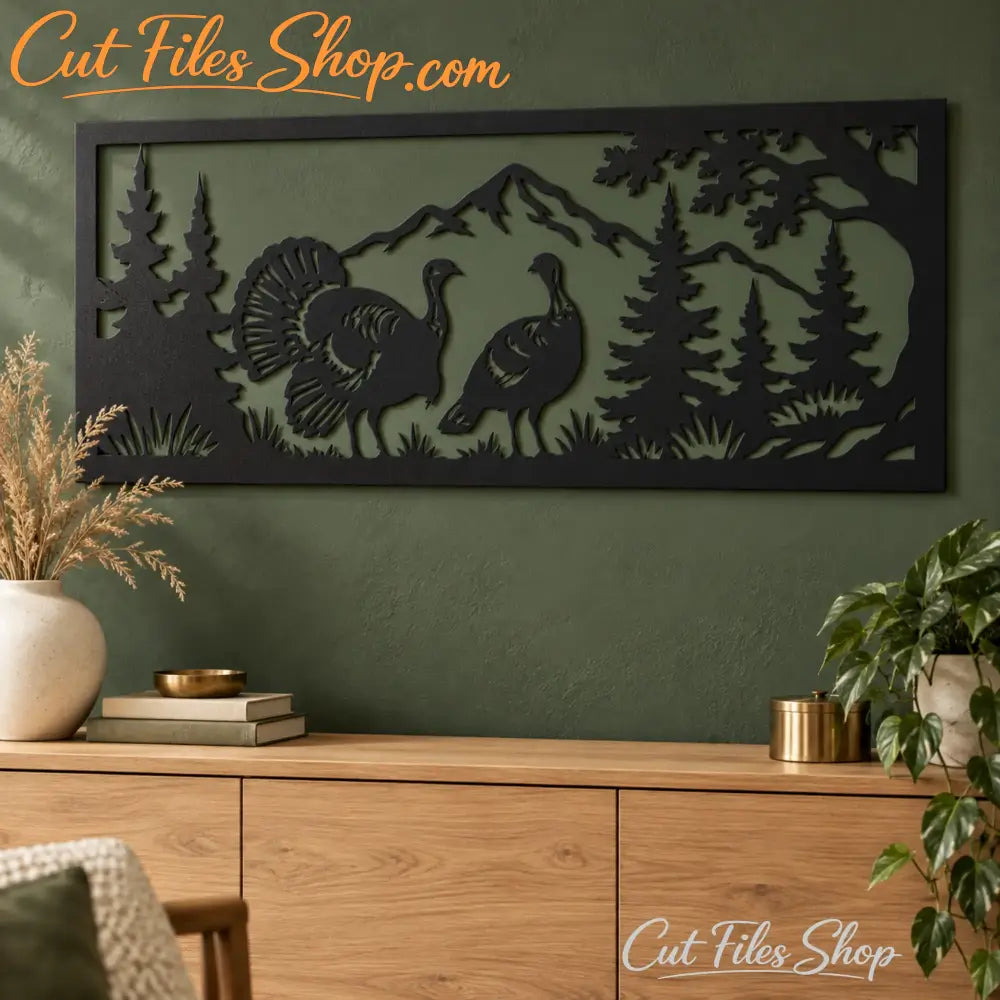 Wild turkey SVG DXF panel featuring two birds, pine forest and mountain landscape.