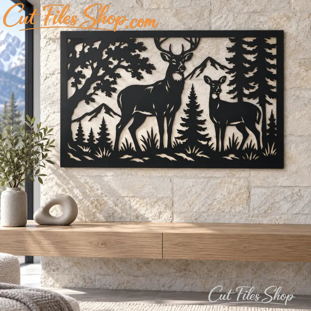 Deer family CNC panel with mountain scenery, trees and a rectangular metal frame.