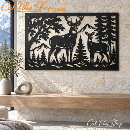 Deer family CNC panel with mountain scenery, trees and a rectangular metal frame.