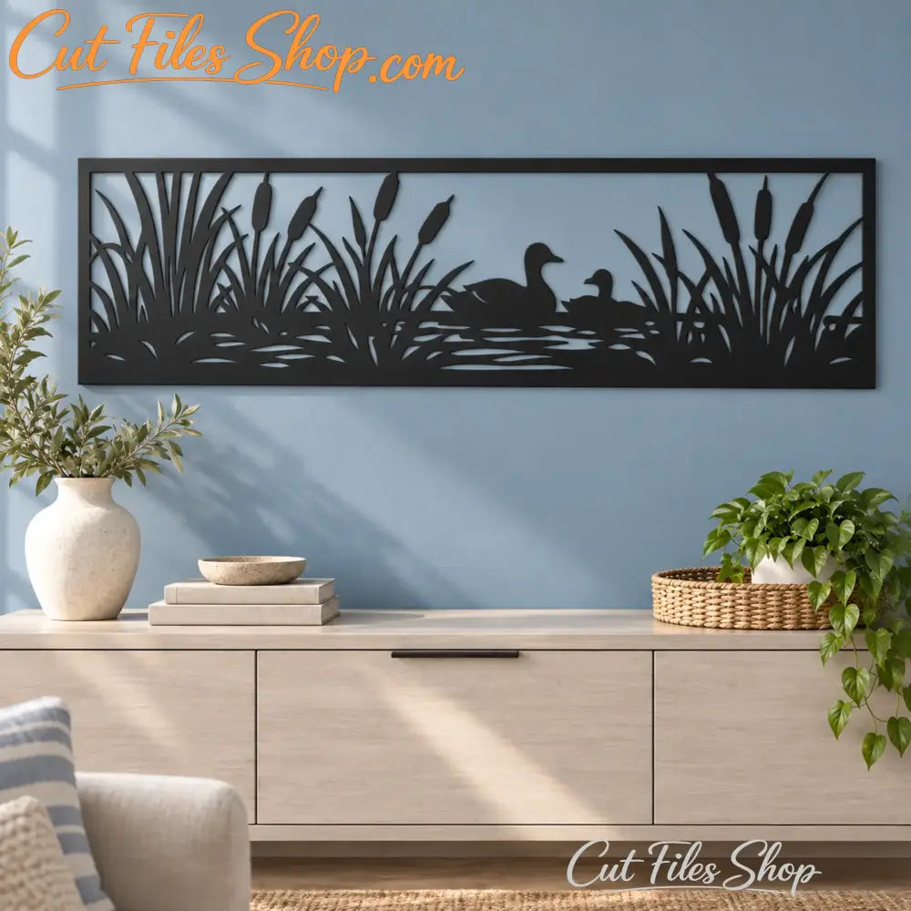 Duck family metal panel with cattails and water ripples for laser-cut wall art.
