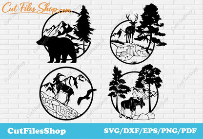 Wildlife scene dxf files for laser cut, wild animals dxf files for cricut, animals cut files for laser, bear dxf file, deer dxf file, moose dxf file, goat dxf file