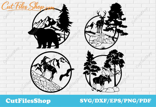 Wildlife scene dxf files for laser cut, wild animals dxf files for cricut, animals cut files for laser, bear dxf file, deer dxf file, moose dxf file, goat dxf file