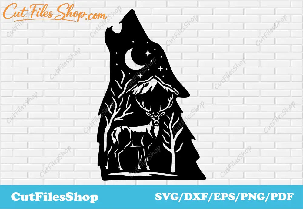 Wildlife scene dxf for laser cut, svg file for cricut, vinyl cutting files, t shirt designs, Wildlife scene dxf for laser cut, wolf for cricut, deer for cricut, download cnc files, deer dxf, wolf dxf, mountains dxf, forest dxf, nature scene dxf files, wolf scene dxf files, deer scene dxf file, cut files, tre dxf