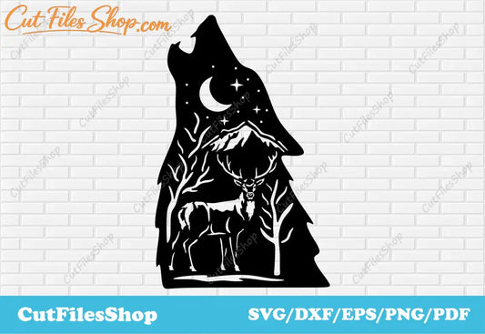 Wildlife scene dxf for laser cut, svg file for cricut, vinyl cutting files, t shirt designs, Wildlife scene dxf for laser cut, wolf for cricut, deer for cricut, download cnc files, deer dxf, wolf dxf, mountains dxf, forest dxf, nature scene dxf files, wolf scene dxf files, deer scene dxf file, cut files, tre dxf