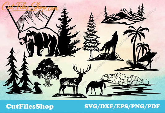 Wildlife scene dxf, nature cut file for cricut, animals dxf files for laser cutting