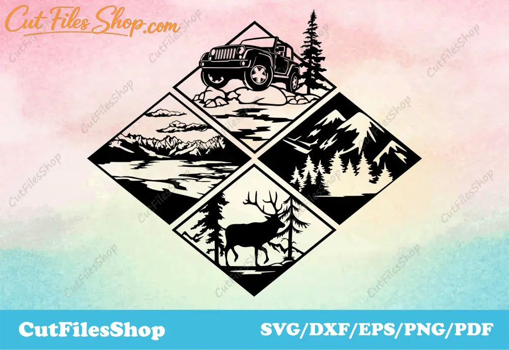 Wildlife scene svg cutting files, dxf files for silhouette, svg t-shirt designs, cut files shop